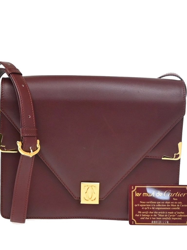 Must De Cartier 2c Logo Two Flap Shoulder Bag Leather Bordeaux Ghw Spain 37za278